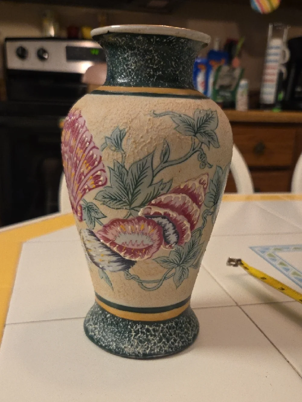Hand-Painted Floral Ceramic Vase in Cream and Green. Vintage Japanese Moriage.